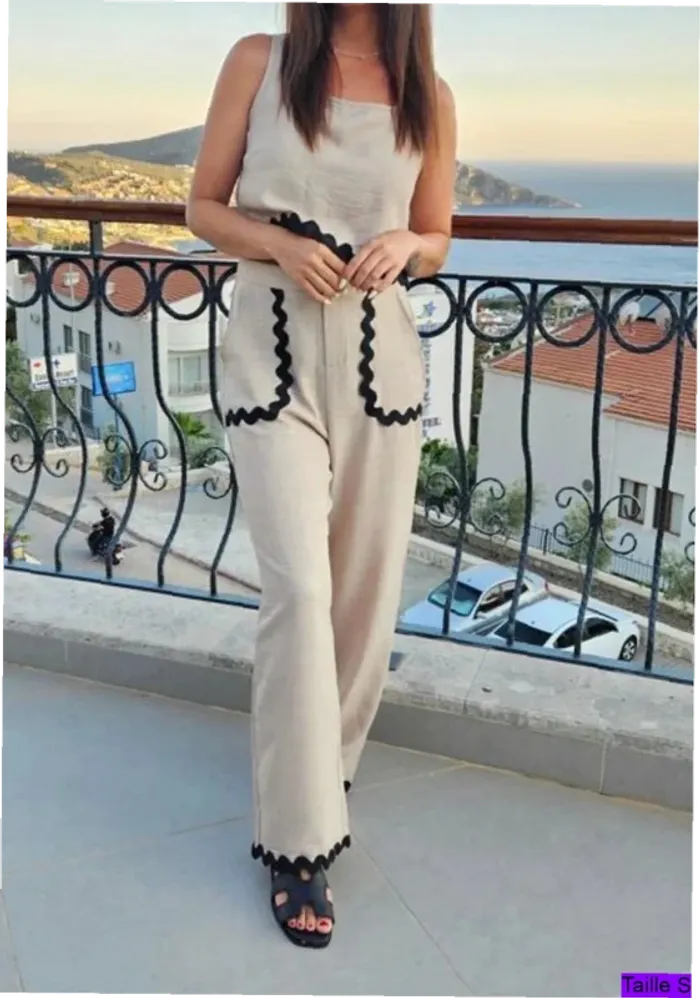 Ensemble été beige original top et pantalon taille S