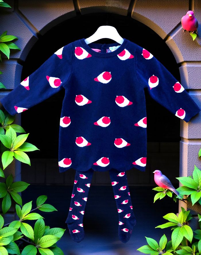 JACADI - NEW - ROBE MAILLE BÉBÉ FILLE MOTIF PETITS OISEAUX AVEC SES COLLANTS 18M - photo numéro 4