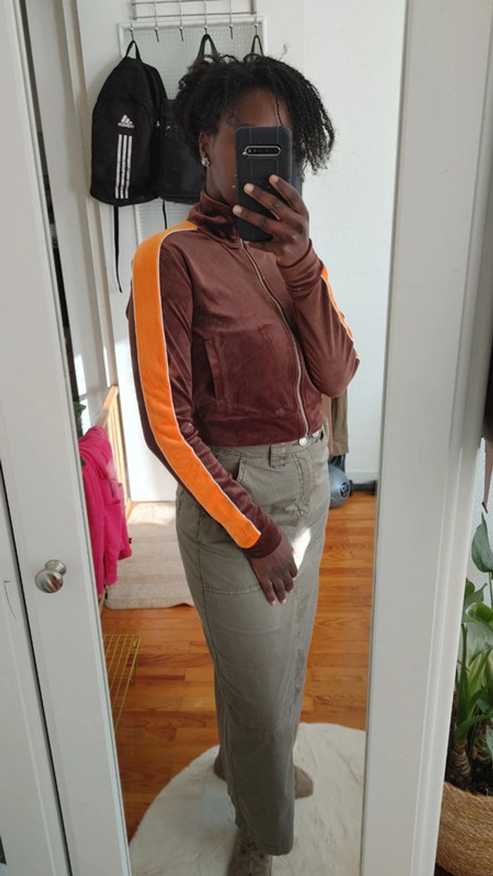 Sweat-shirt velours col au zip poche latéral manches longues crop top - photo numéro 3