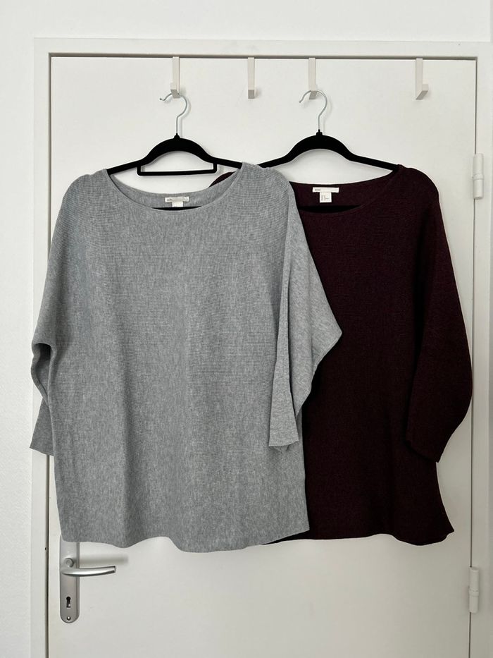 Lot 2 pulls gris et bordeaux manches 3/4 avec laine alpaga H&M M