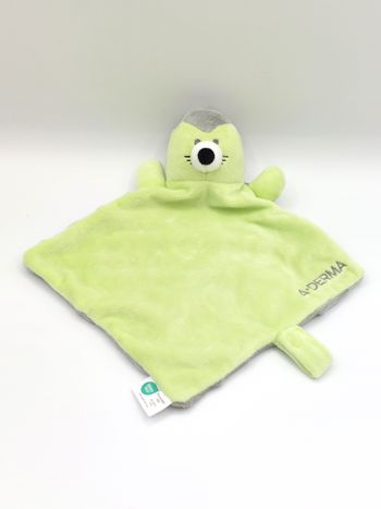 Doudou plat hérisson vert gris ADERMA A-DERMA attache tétine dos relief nez noir