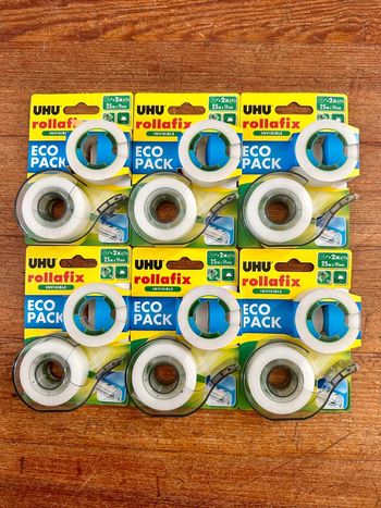Lot de 6 dévidoirs 12 rouleaux de scotch ruban adhésif UHU rollafix invisible 25m