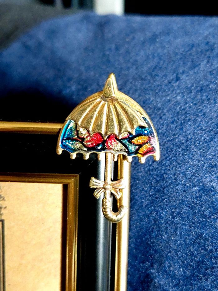 Broche parapluie vintage métal doré et émail - photo numéro 3