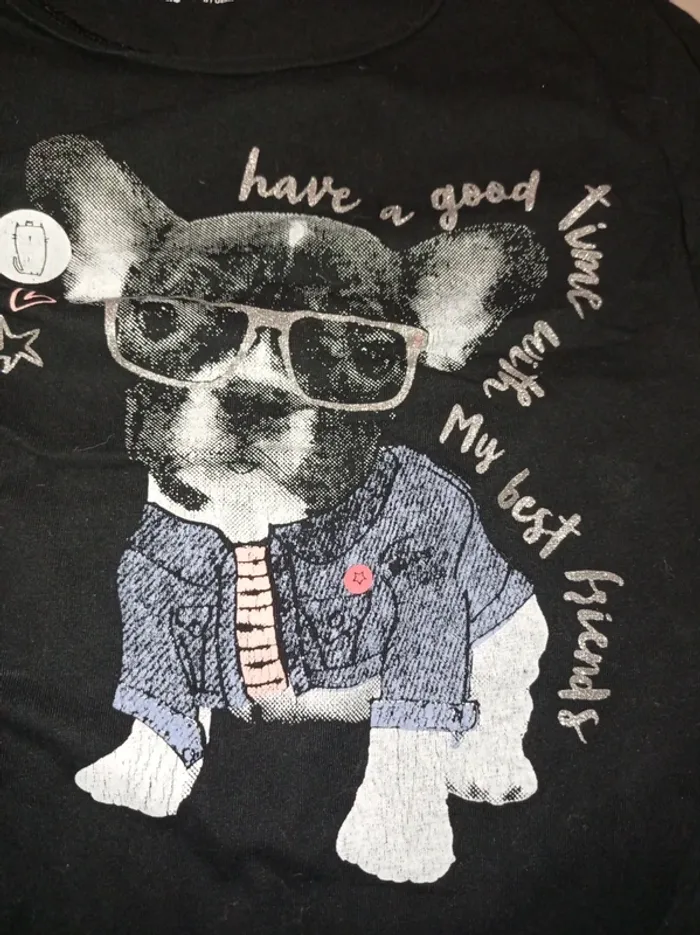 T-shirt manche longue noir motif chien - photo numéro 2