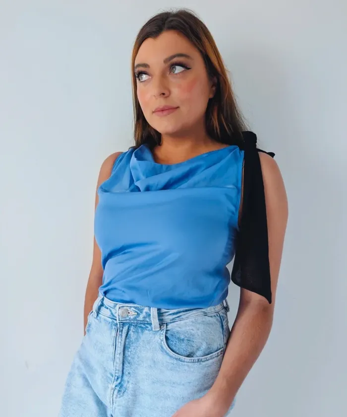 Débardeur blouse fluide bleu ciel avec ruban classe chic Sinéquanone taille 38