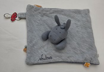 Doudou âne Paco carre plat bio bleu gris rayé - Noukies