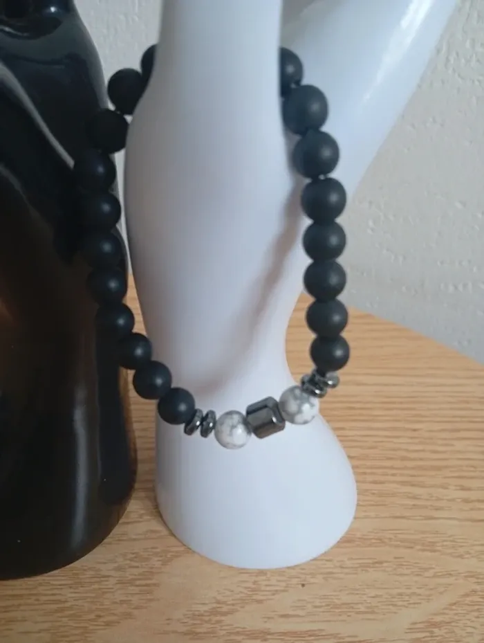 Bracelet homme en pierres naturelles onyx howlite - photo numéro 2