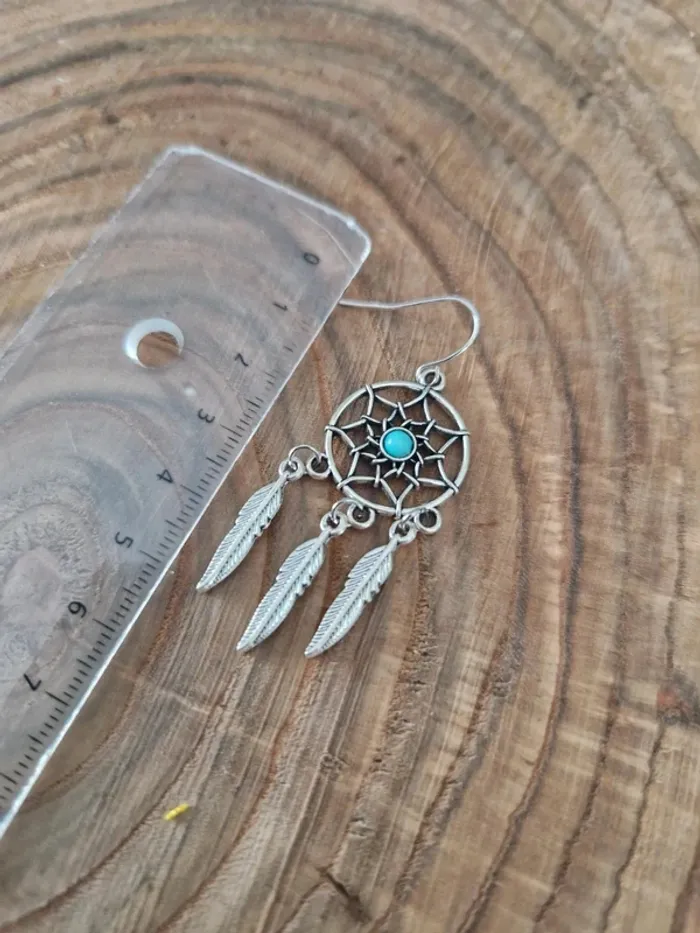 Boucles d'oreilles fantaisies argentées attrape-reve et plume - photo numéro 2