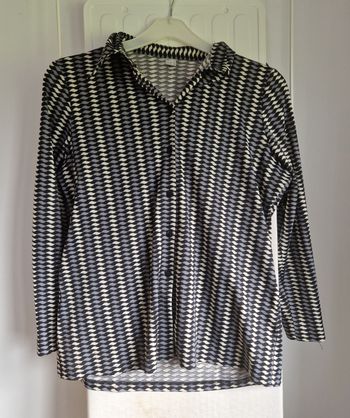 Chemise fluide femme manches longues bleu beige noir géométrique 42