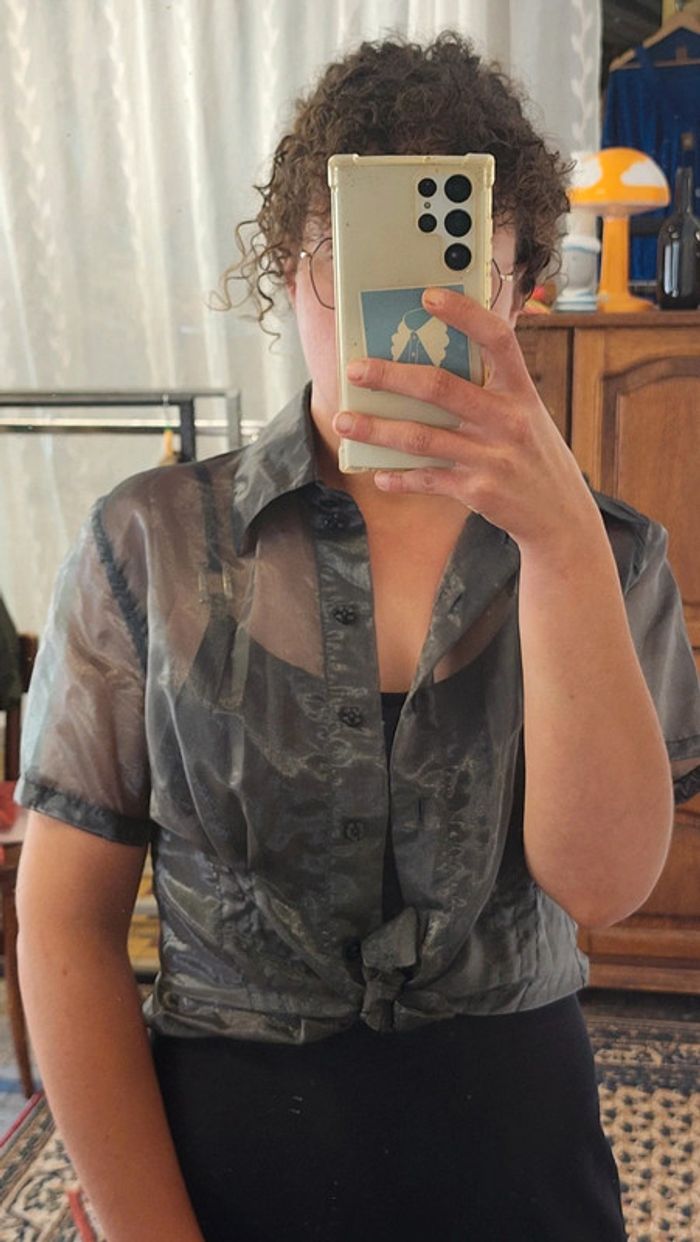 Joli petit chemisier gris métallique en mousseline vintage y2k - photo numéro 2
