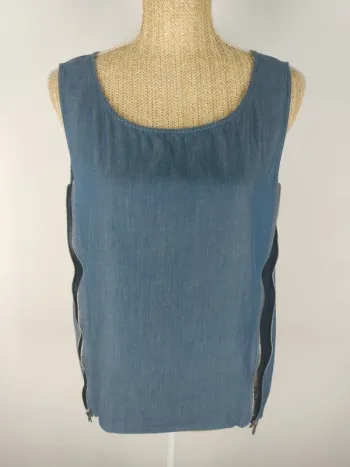 Blouse sans manches tissu impression jeans côté dentelle noire avec zips taille M DDP
