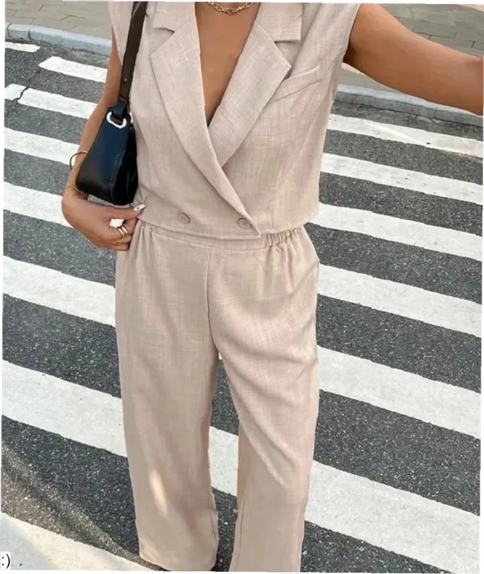 Ensemble S Beige Coordonné Blazer sans Manches - Pantalon Large Neuf Jamais Porté
