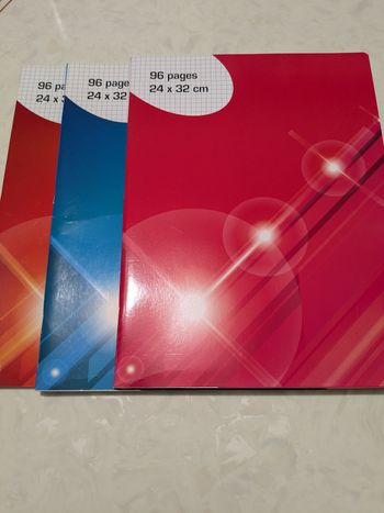 Lot de 3 cahiers 96 pages, petits carreaux. Taille : 24x32 cm.