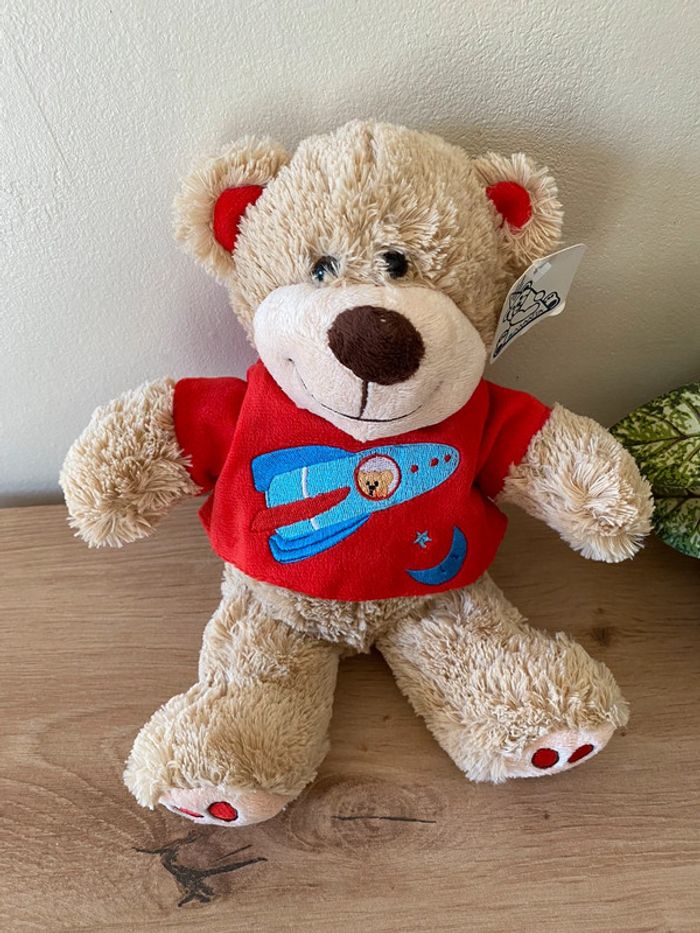 Doudou peluche ours beige pull rouge fusée lune bleu maxita neuf - photo numéro 2