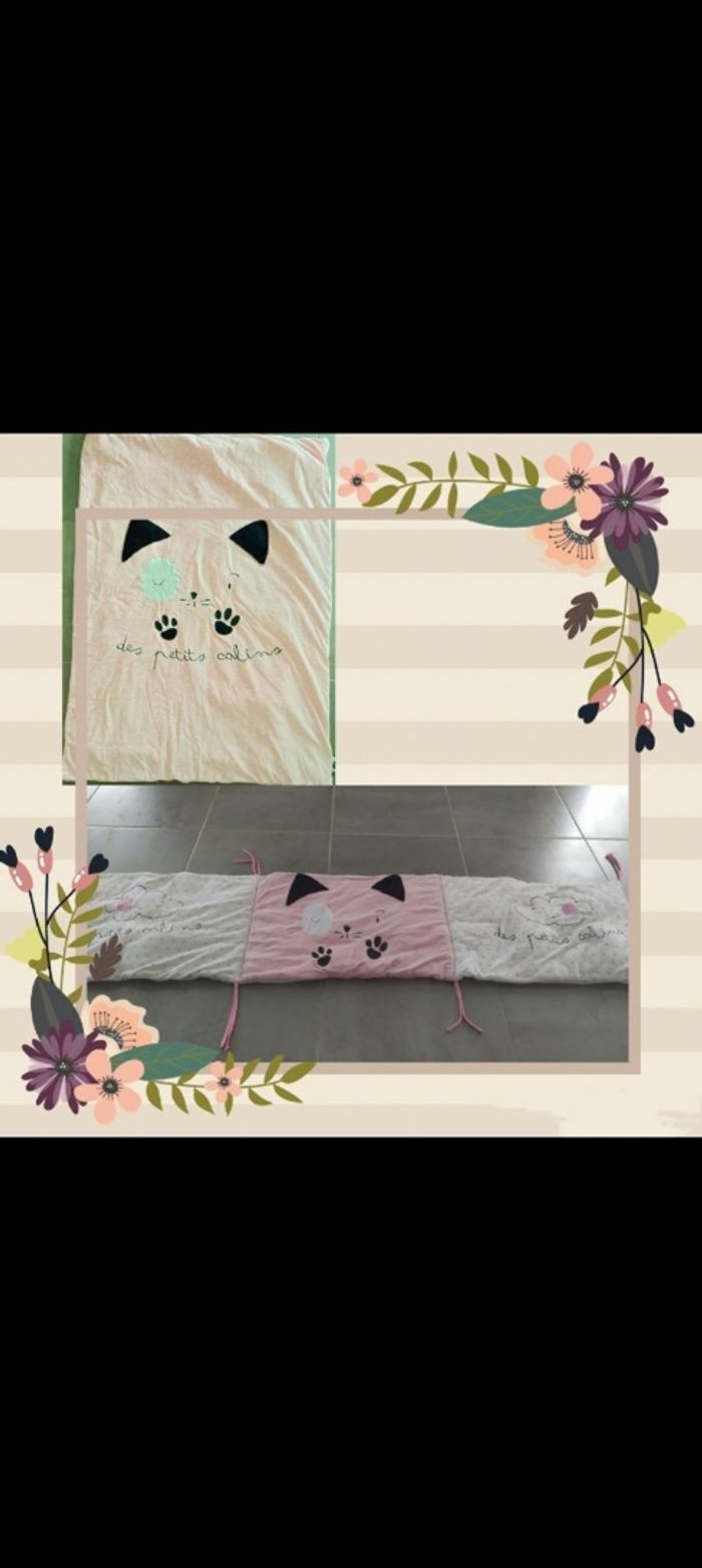 Lot Couette bébé fille ou tapis d'éveil ou dessus de lit et tour de lit motif chat