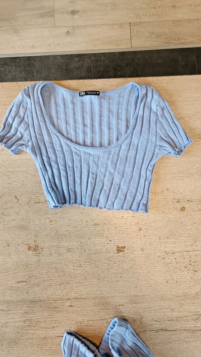 Ensemble croc top et jupe longue cotellé, bleu clair, Zara, taille M - photo numéro 3