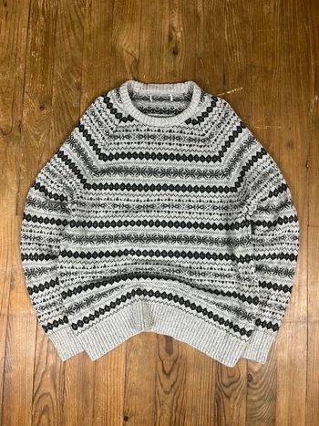 Pull maille vintage coton laine gris noir motifs rayures M