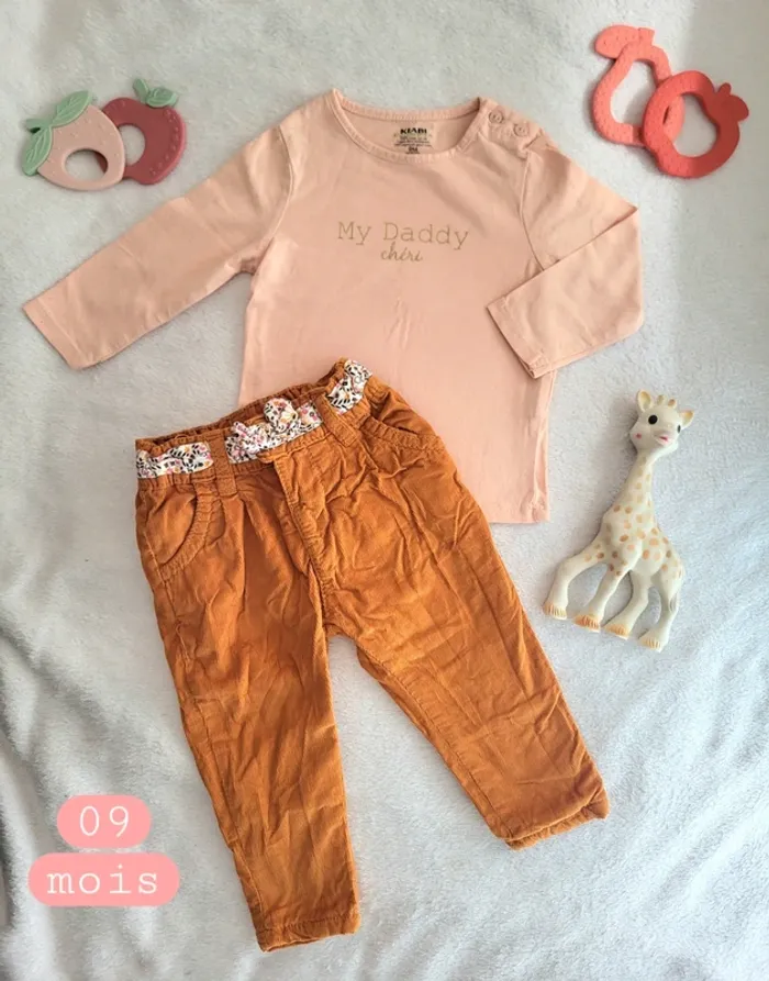 Ensemble mi saison pantalon velour marron tshirt 09mois