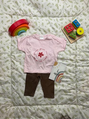ensemble teeshirt manches courtes rose et legging marron à pois rose 6 mois