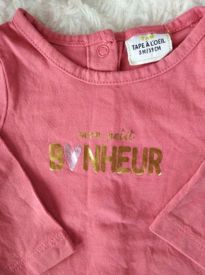 Tee shirt chemise manches longues Fille 3 mois "Mon petit bonheur" Tape à l'œil 100% coton - photo numéro 4