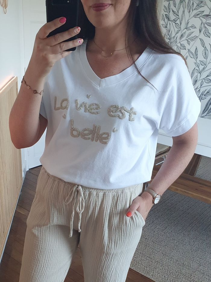 T-shirt La vie est belle blanc/beige Taille unique