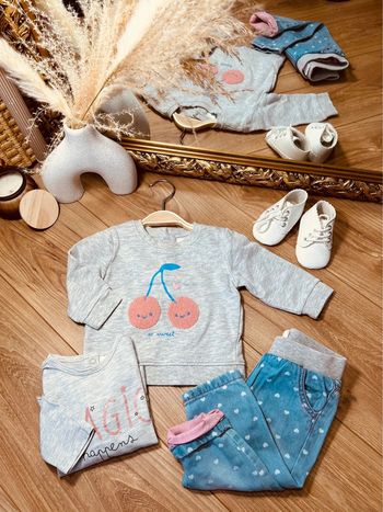Taille 6 mois tenue 3p fille Tex bleu jean gris * cerise * 🎀