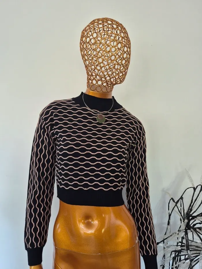 Pull Court Manches Longues Noir et Camel Femme Taille S/M