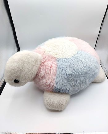 Ancienne peluche doudou tortue Vintage créations CDJ rose blanc bleu petite boutique 50 cm