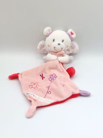 Doudou peluche ours blanc rose POMMETTE mouchoir fleurs j’appartiens à ailes mauve Intermarché