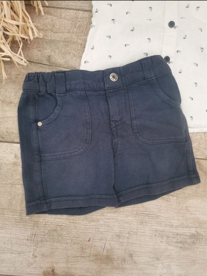 Short et chemise lin coton motif bateau blanc bleu marine 18mois - photo numéro 3