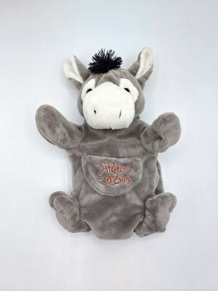 Peluche doudou marionnette âne gris blanc noir HISTOIRE D’OURS brodé marron