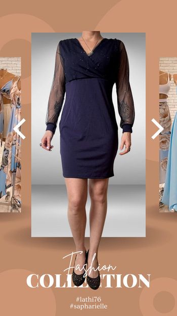 Robe de soirée bleu nuit en voile avec manches transparentes