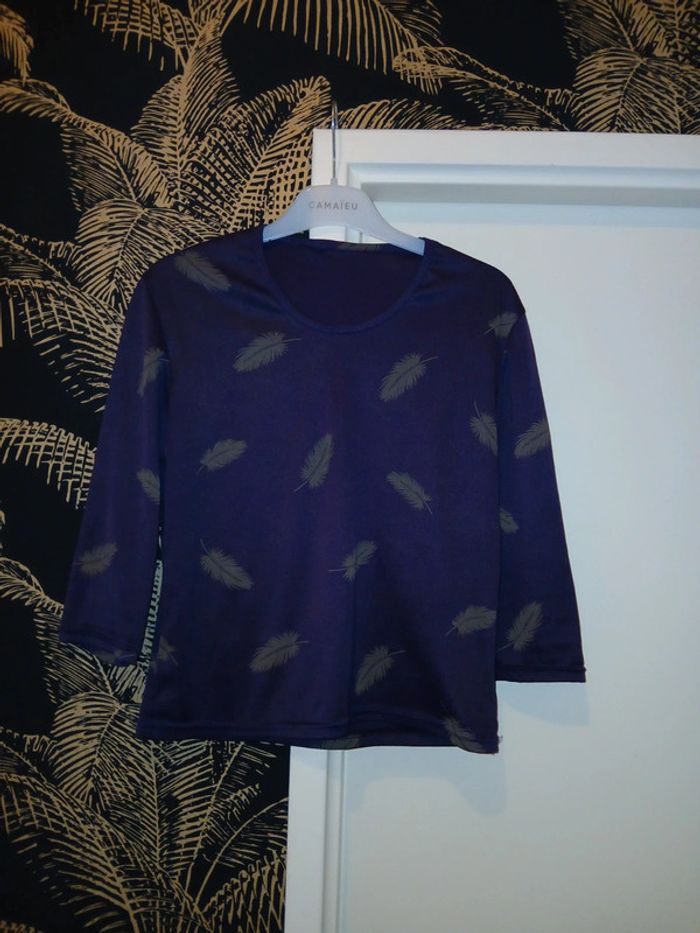 💜 Haut violet à manches 3/4 motif plumes taille unique. - photo numéro 2