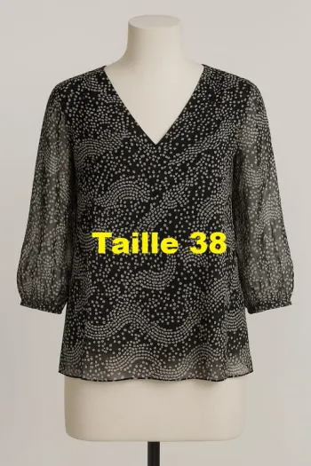 Tunique manche longue voile semi transparente noire motif blanc Naf Naf Taille 38