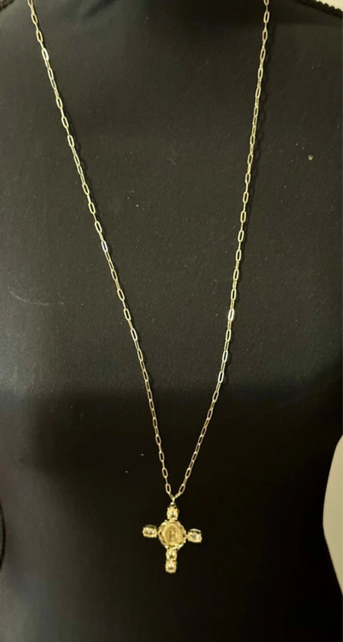 Long sautoir maille large réglable croix vierge marie cristaux - photo numéro 2