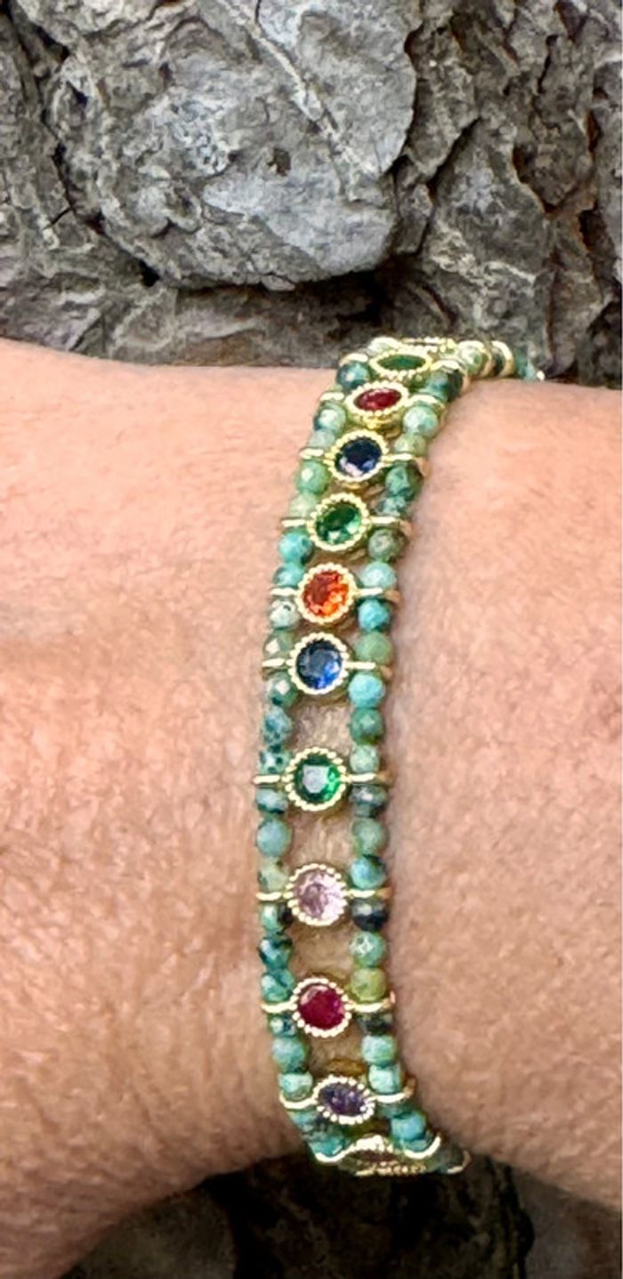 Bracelet manchette réglable acier inoxydable or malachite zircons couleurs habaha Paris - photo numéro 3