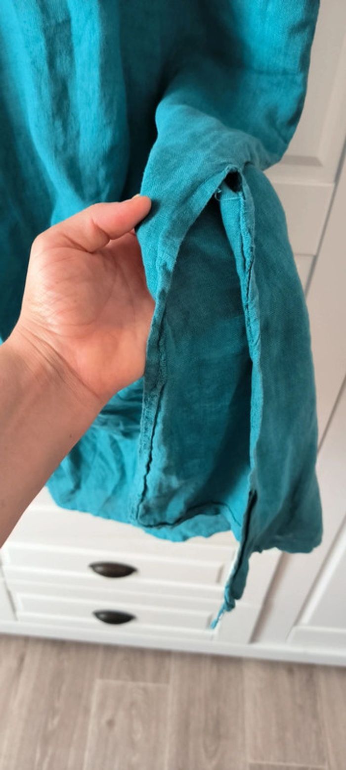 Robe longues avec fente 100% lin Bleu canard - photo numéro 4