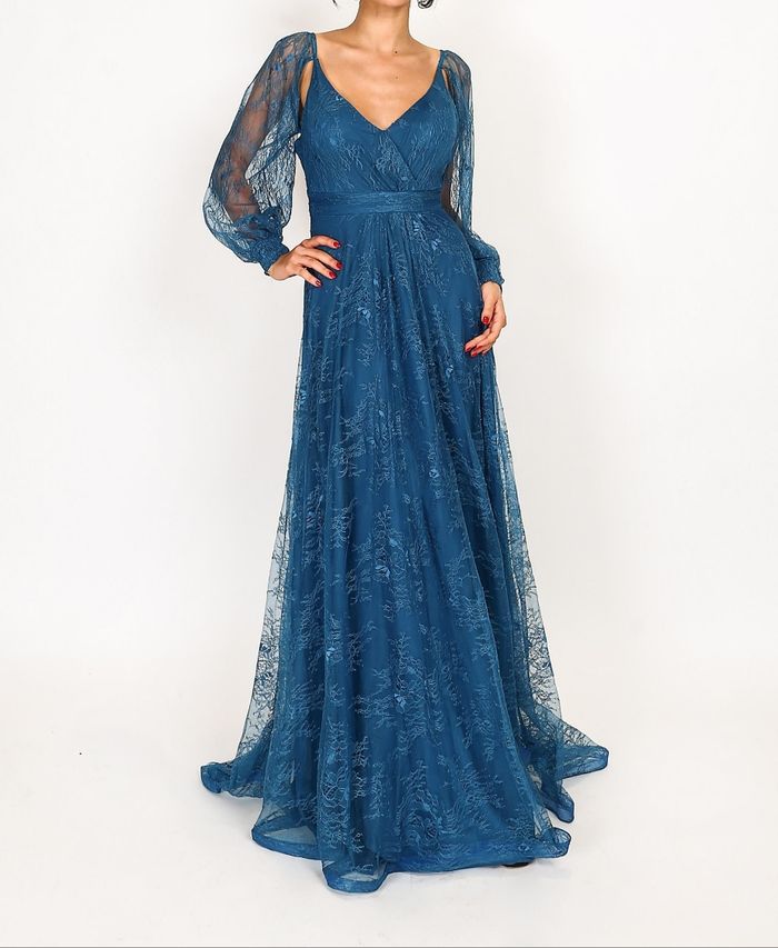 Robe cérémonie mariage bleu petrole en dentelle manche longue taille 38