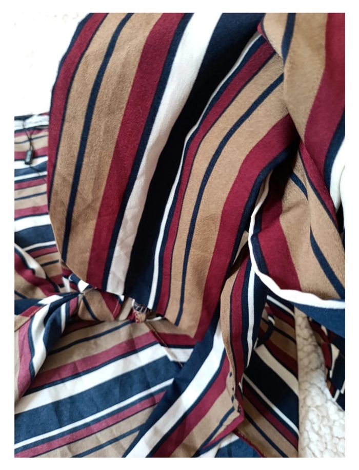 Chemisier rayé à rayures verticales marine, bordeaux, beige à nœud old school vintage Lucy Wang - - photo numéro 4