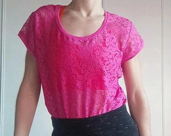 💓Tee shirt dentelle sexy femme rose ajourée fleurie neuf t l 40