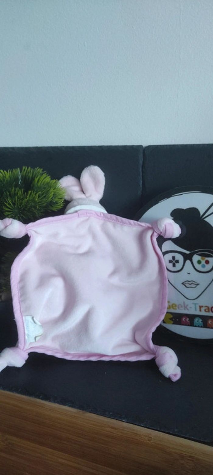 doudou lapin picot rose bleu blanc collerette noeud carré - photo numéro 2