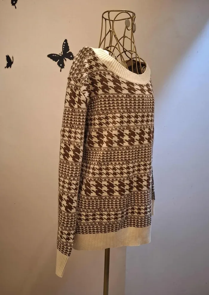 Pull crème / marron & imprimé pied de poule - photo numéro 3