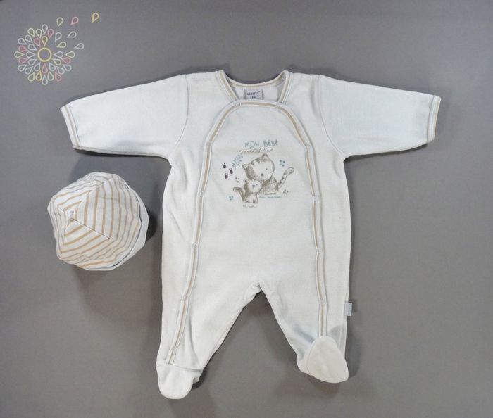Pyjama dors-bien grenouillère velours bleu marron chat Absorba 3 mois 59 cm garçon