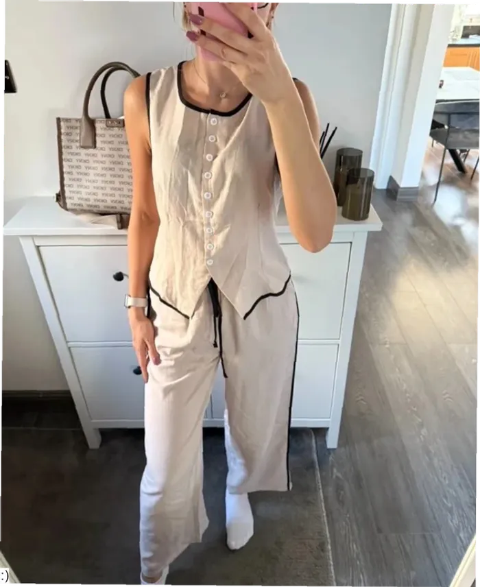 Ensemble Femme Deux Pièces Beige Bordure Noire - Taille S Neuf Jamais Porté