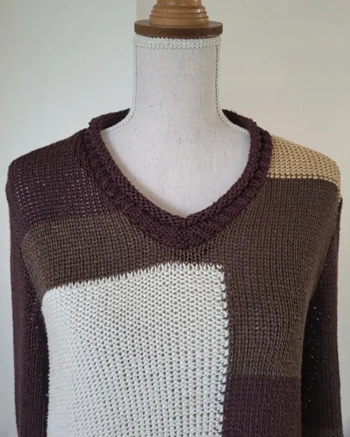 Pull à col V marron beige et blanc Christine Laure Taille 4 ou 42 - photo numéro 3