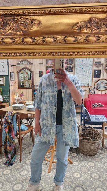 Jolie chemise hawaienne en coton bleu ciel-gris taille L