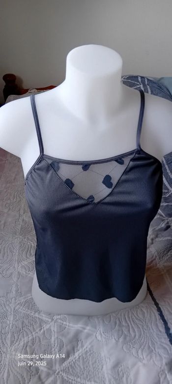 Top fines bretelles court bimatiere maille côtelée tulle motif cœurs gris femme M