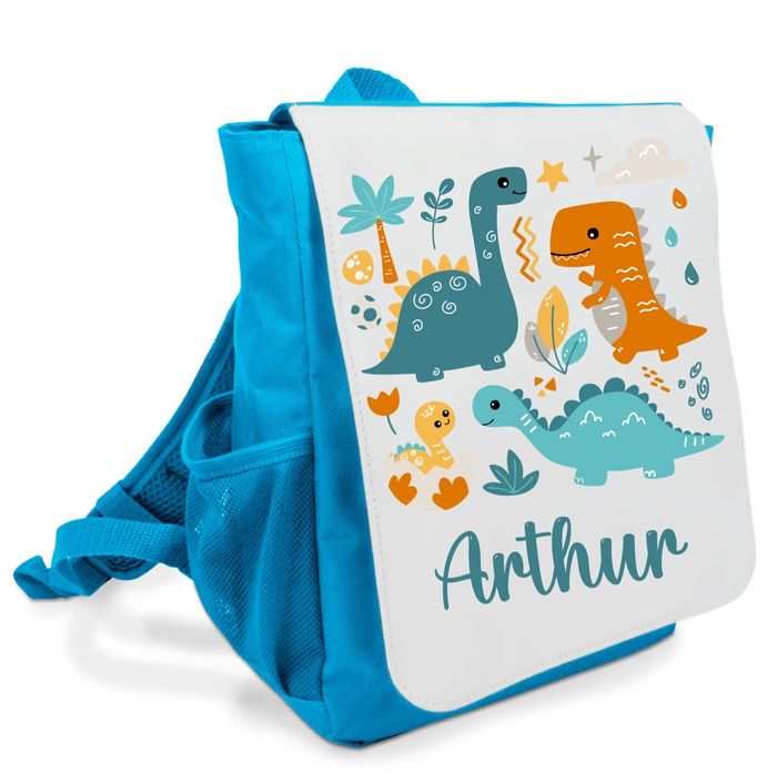 Sac à dos bleu maternelle personnalisé prénom - Motif dinosaures colorés - Rabat imprimé amovible - Sac crèche garçon