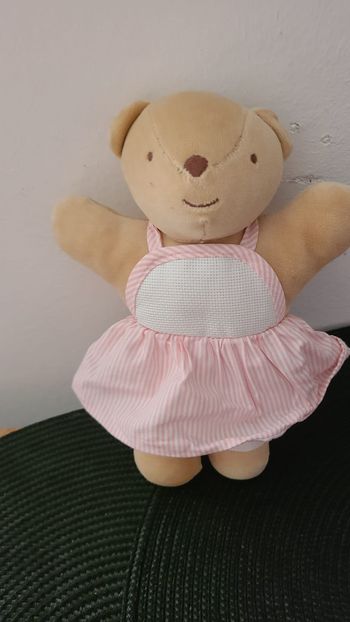 Doudou Peluche Ours Beige Robe Rayures Rose Et Blanc DMC