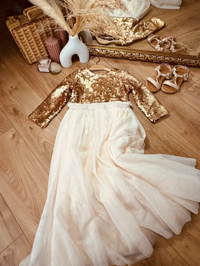 Taille 8 ans Robe longue créateur fille TAO crème bronze * sequins tulle * 💞